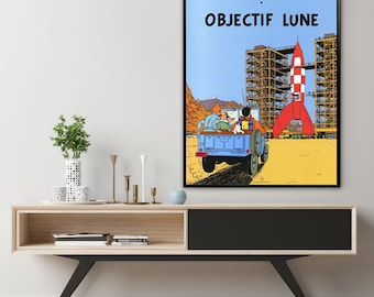 Originele Kuifje Poster - Ontdekkingsreizigers op de Maan - 50x70 cm - Moderne kunstwerken Posterkunst - Print voor woonkamermuur