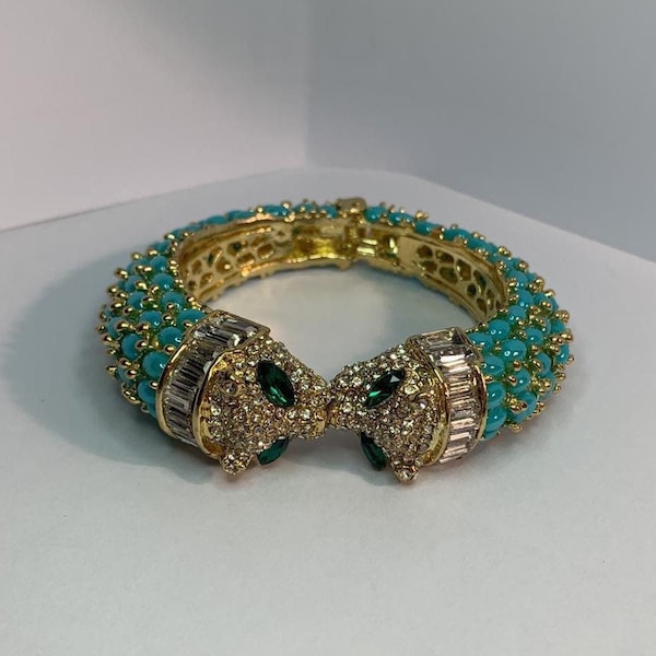 Superbe bracelet jonc cabochons turquoise et panthères scintillantes