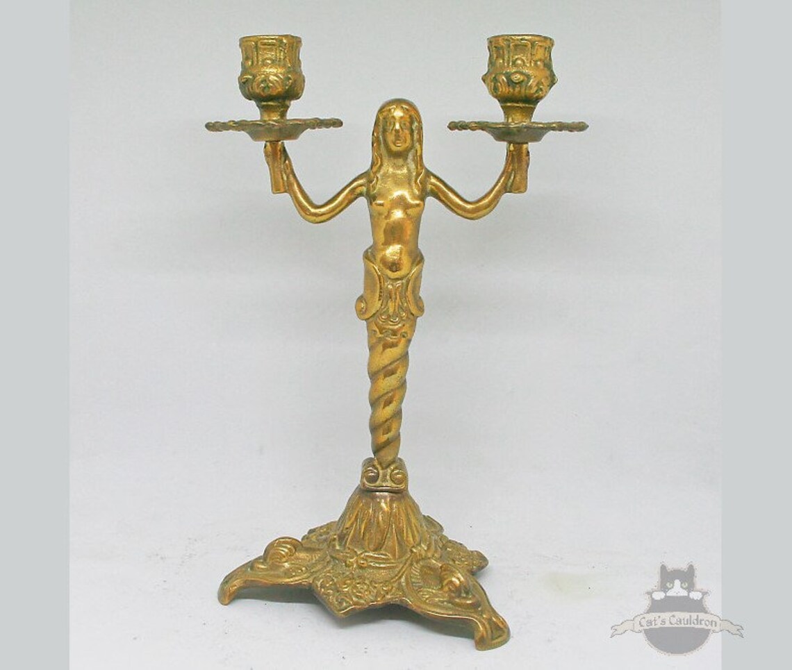 Antique Brass Mermaid Candelabra Candlestick Statue Figure Art Etsy