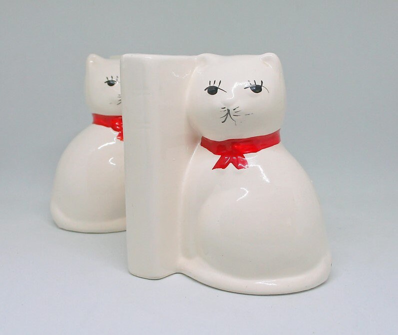 Cat Bookends Ceramic White Bookstands Red Ribbon Vintage Retro Etsy