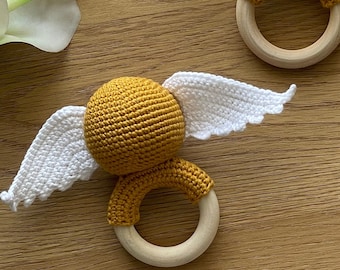Crocheted Golden Baby Rattle with Wings | Magic Baby Rattle | Handmade Baby Toy | Newborn Gift
