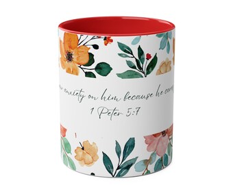 Floral Faith Mug, 1 Peter 5:7 Scripture, Christian Gift