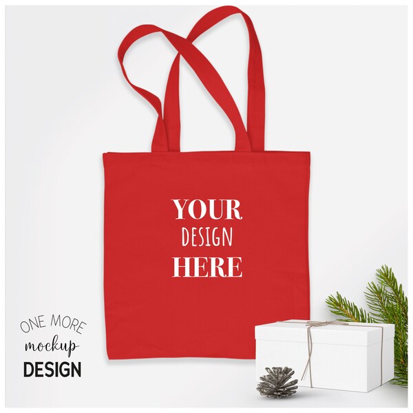 Red Tote Bag Mockup | Christmas Tote Bag Mock Up | 1:1 Ratio