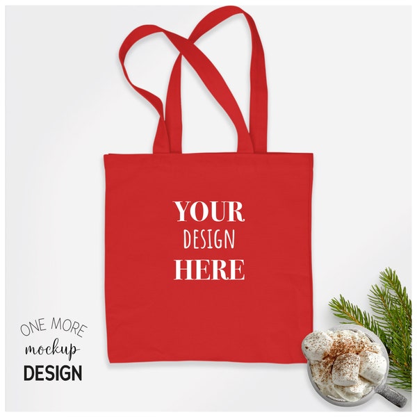 Red Tote Bag Mockup | Christmas Tote Bag Mock Up | 1:1 Ratio