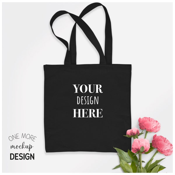 Black Tote Bag Mockup | Tote Bag Mock Up | Peonies Mock Up | 1:1 Ratio