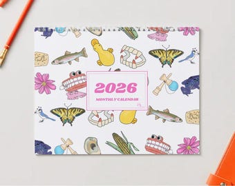 Calendario da parete 2026 con animali stravaganti ad acquerello e giocattoli retrò.