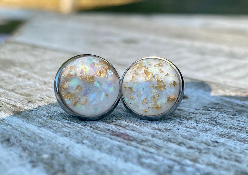 12mm Hypoallergenic Opal Gold Leaf Earrings White Opal Gold Leaf Stud Earrings