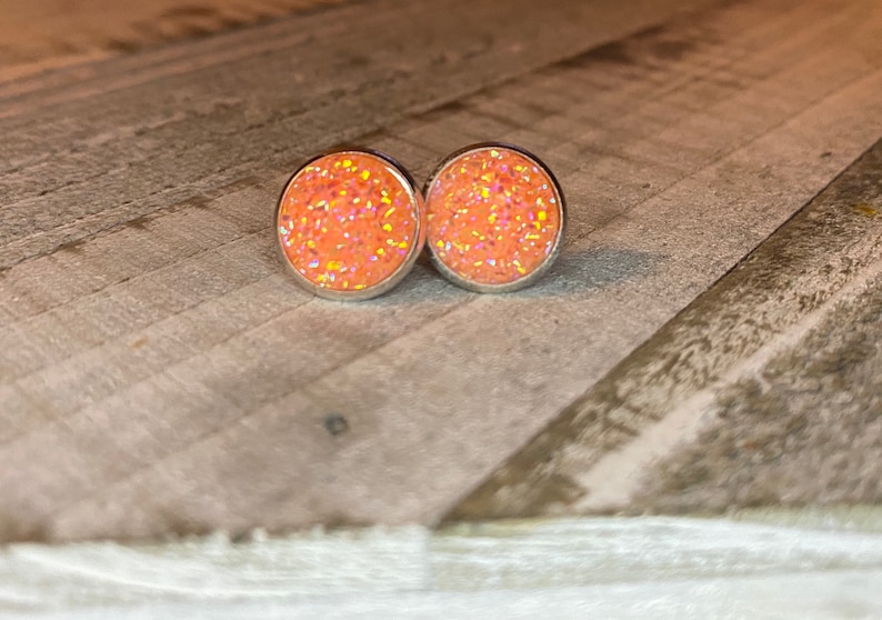 Dream Sickle Orange Druzy Stud Earrings Hypoallergenic 12mm Orange Druzy Earrings Studs