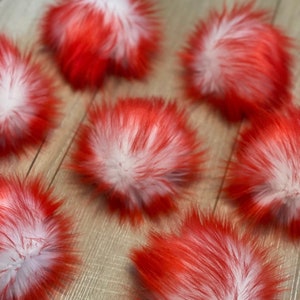 Faux fur Pom Pom, white and red, small, medium, large, fluffy, pre made, tie on, cotton string, for beanies, scarves