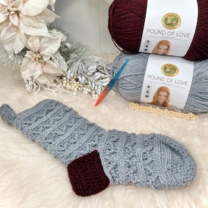Crochet Christmas stocking, grey and dark burgundy, for fire place, hanging, handmade, acrylic yarn, medium stockings, holidays