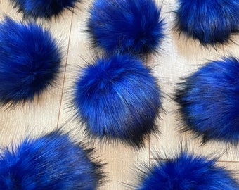 Sapphire luxe Pom, faux fur Pom Pom for crochet and knit beanies toque winter hat topper, black and blue vibrant, small medium large