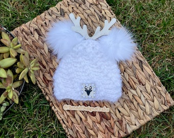 12-24 Month white reindeer beanie, Childrens, toddlers, boys, girls, north winds, ultra soft, crochet, handmade, Christmas, antlers