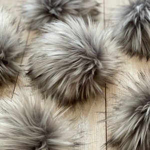 Gray wolf Faux fur Pom Pom, multi tone grey, small, medium, large, fluffy, pre made, tie on, cotton string, for beanies, scarves