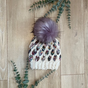 A mini new leaf childs beanie, knit beanies, handmade toque, merino wool, faux fur Pom, children’s 5 6 7 8 kids size, warm winter hat