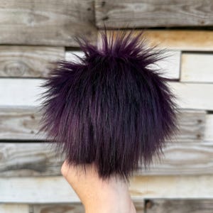 Black cherry Pom, faux fur, small medium large, dark purple and black, for knit and crochet beanies, cotton strings, long pile high pile