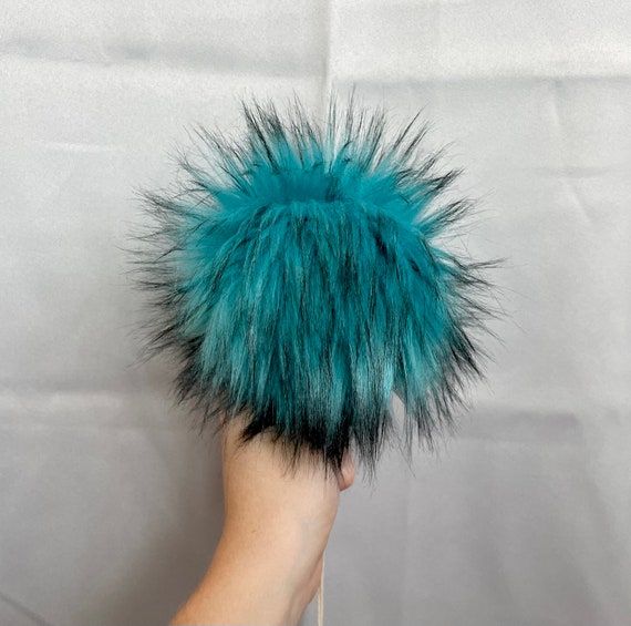 Turquoise Husky Faux Fur Pom Pom, Turquoise With Black Tips, Small, Medium,  Large, Fluffy, Pre Made, Tie On, Cotton String, for Beanies 