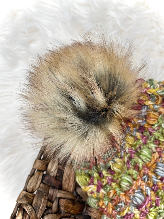 Canadian fox Faux fur Pom Pom, tan with red-brown tips, small, medium, large, fluffy, pre made, tie on, cotton string, for beanies,