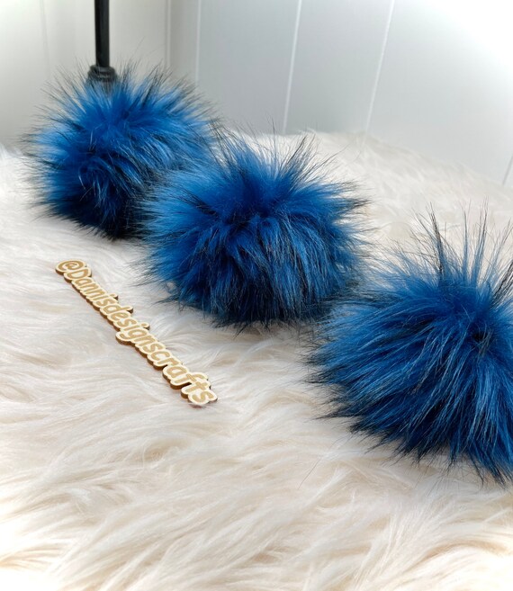Blue husky Faux fur Pom Pom, dark blue and black, small, medium, large, fluffy, pre made, tie on, cotton string, for beanies, scarves