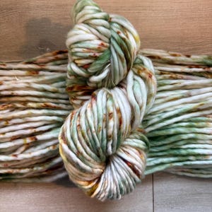 May include: A skein of thick, chunky yarn featuring a variegated color palette of cream, sage green, and burnt orange speckles. The yarn is twisted into a figure-eight shape, showcasing a soft, bulky texture with consistent ply throughout the entire length.