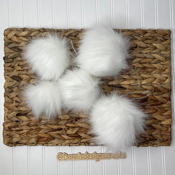 Arctic Fox white Faux fur Pom Pom, white, small, medium, large, fluffy, pre made, tie on, cotton string, for beanies, scarves