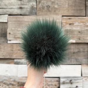 Dark green Faux fur Pom Pom, dark green, small, medium, large, fluffy, pre made, tie on, cotton string, for beanies, scarves
