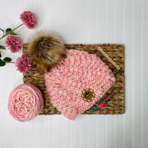 Luxe pink crochet beanie, adult medium, large, with Pom pom, without, handmade, merino wool, chunky, warm, winter toque, hat
