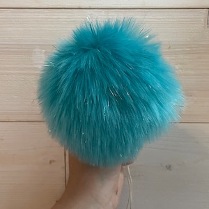 Turquoise tinsel Pom Pom, faux fur vegan fur shiny, for crochet and knit beanies toques hat toppers, small medium large
