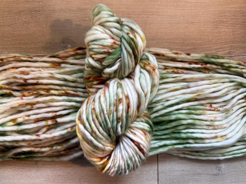 May include: A thick, bulky skein of yarn featuring a variegated color palette of cream, sage green, and burnt orange speckles. The yarn is wound into a twisted hank, showcasing a soft, roving-like texture with consistent, chunky plies throughout.