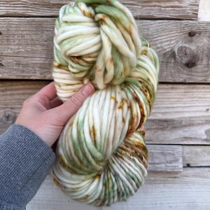 May include: A thick, bulky skein of hand-dyed yarn featuring a variegated color palette of creamy off-white, soft sage green, and warm rust-brown speckles. The yarn has a soft, roving-like texture with a multi-ply twist throughout the entire length.