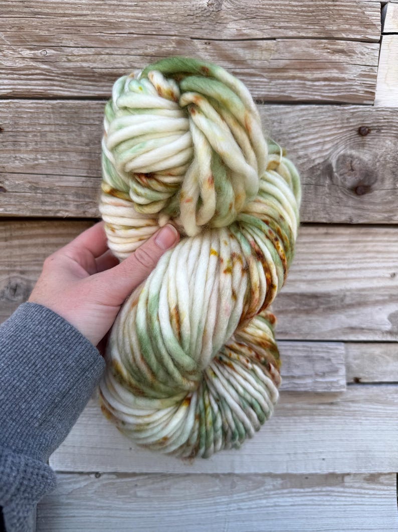 May include: A thick, bulky skein of hand-dyed yarn featuring a variegated color palette of creamy off-white, soft sage green, and warm rust-brown speckles. The yarn has a soft, roving-like texture with a multi-ply twist throughout the entire length.