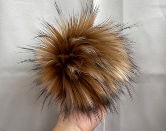 Sabre tooth faux fur Pom Pom, small medium large, brown tan blonde dark, super fluffy, toque topper, for crochet and knit projects swift pom