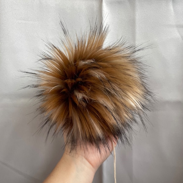 Sabre tooth faux fur Pom Pom, small medium large, brown tan blonde dark, super fluffy, toque topper, for crochet and knit projects swift pom