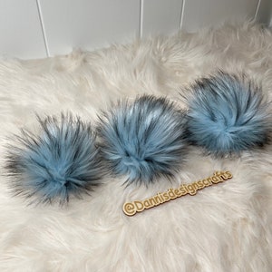 Ice blue Faux fur Pom Pom, light blue with black tips, small, medium, large, fluffy, pre made, tie on, cotton string, for beanies, scarves