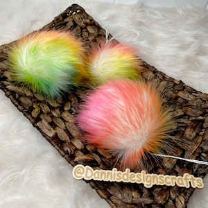 Rainbow faux fur Pom Pom, rainbow, pink, blue, green, orange, small, medium, large, fluffy, pre made, tie on, cotton string, for beanies