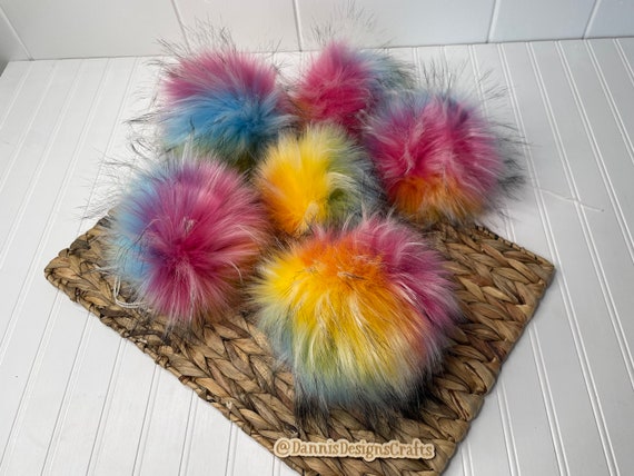 Luxe Rainbow and Black Tip Faux Fur Pom Poms, Bright Color, for Beanies,  Scarves, Crochet, Knit, Knitting, Crocheting, High Quality, Luxury 