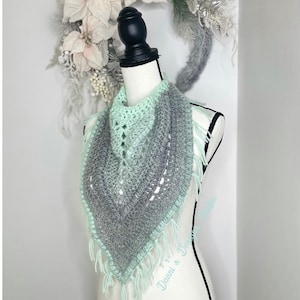Triangle cowl, crochet cowl, fall accessories, warm bandana cowl, pull over, mint and grey, gifts for her, Christmas, boho, with fringe