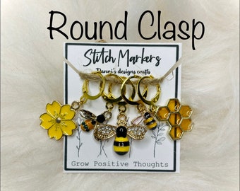 Stitch markers, crochet, knit, gold plated, with round clasp, 5 pack, bee, honey comb, yellow, flower, cute, 10, 12, 14 mm, lobster clasp