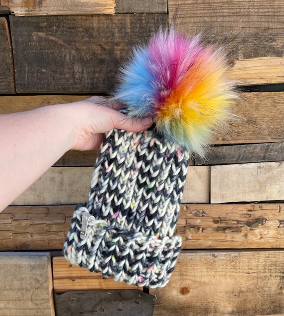 Black Neon Multi Color Knit Luxury Beanie, Fold Brim Beanie  display picture 2