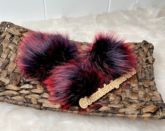 Candy spikes faux fur Pom Pom, black / dark purple with red tips, small, medium, large, fluffy, pre made, tie on, cotton string, for beanies