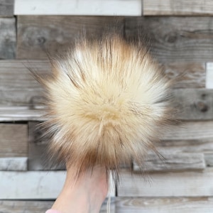 Pompón de piel sintética de gato lince, color crema y marrón, pequeño, mediano, grande, esponjoso, prefabricado, para atar, con cordón de algodón, para gorros y bufandas