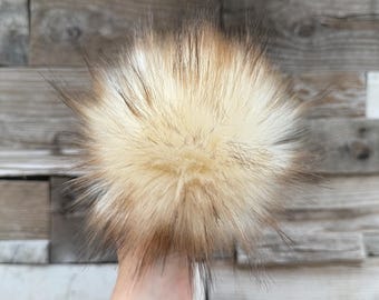 Lynx cat Faux fur Pom Pom, cream and brown, small, medium, large, fluffy, pre made, tie on, cotton string, for beanies, scarves