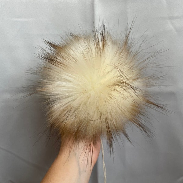 Lynx cat Faux fur Pom Pom, cream and brown, small, medium, large, fluffy, pre made, tie on, cotton string, for beanies, scarves