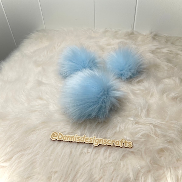 Baby blue Faux fur Pom Pom, baby blue, small, medium, large, fluffy, pre made, tie on, cotton string, for beanies, scarves