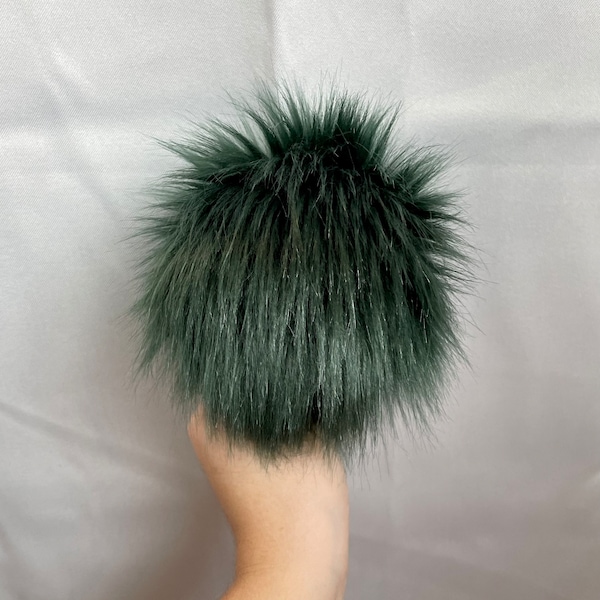 Dark green Faux fur Pom Pom, dark green, small, medium, large, fluffy, pre made, tie on, cotton string, for beanies, scarves