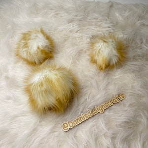 Faux fur Pom Pom, off white with buttery tips, small, medium, large, fluffy, pre made, tie on, cotton string, for beanies, scarves