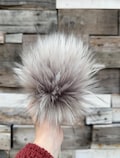 Gray wolf Faux fur Pom Pom, multi tone grey, small, medium, large, fluffy, pre made, tie on, cotton string, for beanies, scarves