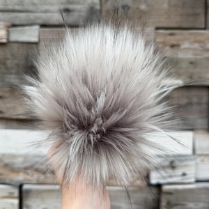 Gray wolf Faux fur Pom Pom, multi tone grey, small, medium, large, fluffy, pre made, tie on, cotton string, for beanies, scarves
