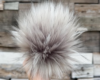 Gray wolf Faux fur Pom Pom, multi tone grey, small, medium, large, fluffy, pre made, tie on, cotton string, for beanies, scarves