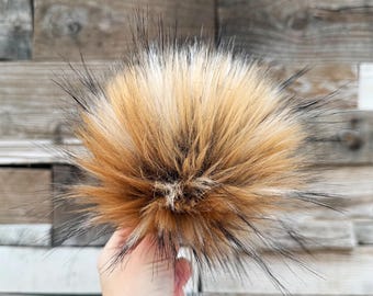 Saber tooth faux fur Pom Pom, small medium large, brown tan blonde dark, super fluffy, toque topper, for crochet and knit projects swift pom