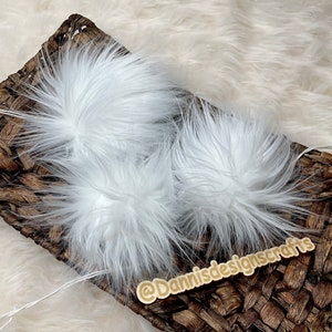 White Faux fur Pom Pom, mongolian super fluffy white, small, medium, large, fluffy, pre made, tie on, cotton string, for beanies, scarves